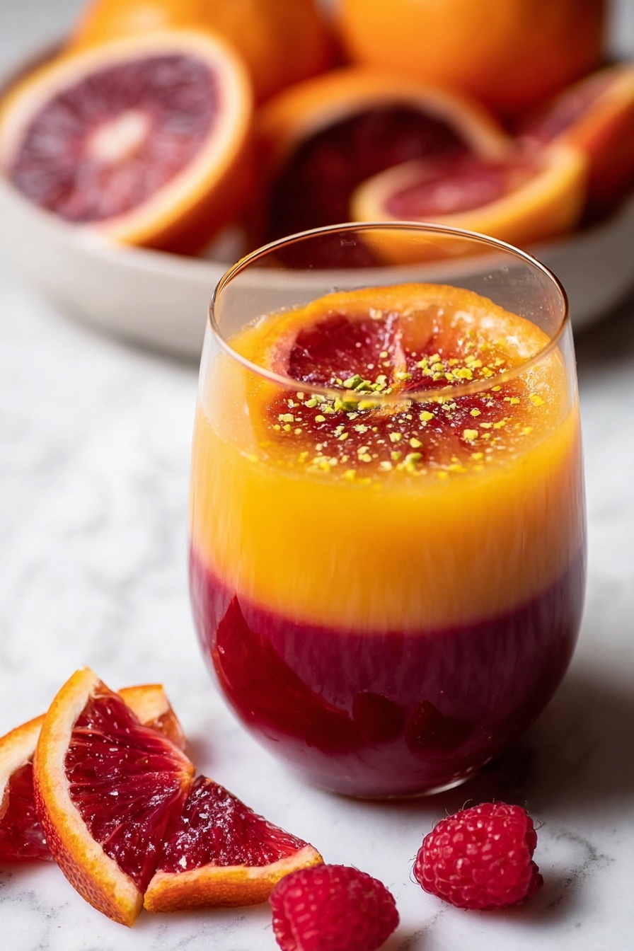 Two tall clear glasses sit on a white marbled surface filled with thick, smooth smoothies in two layers. The bottom layer is a bright yellow-orange color with a creamy texture, and on top is a dark red layer that looks slightly thicker and slick. The left glass has the red layer starting halfway down and blending softly with the orange below, while the right glass has the red layer mostly on top with a small drip down the side. Both glasses are topped with small pieces of nuts or seeds and a single raspberry sits on top of the right glass’s red layer. Around the glasses are wedges of white grapefruit and fresh raspberries. Photo taken with an iphone --ar 2:3 --v 7