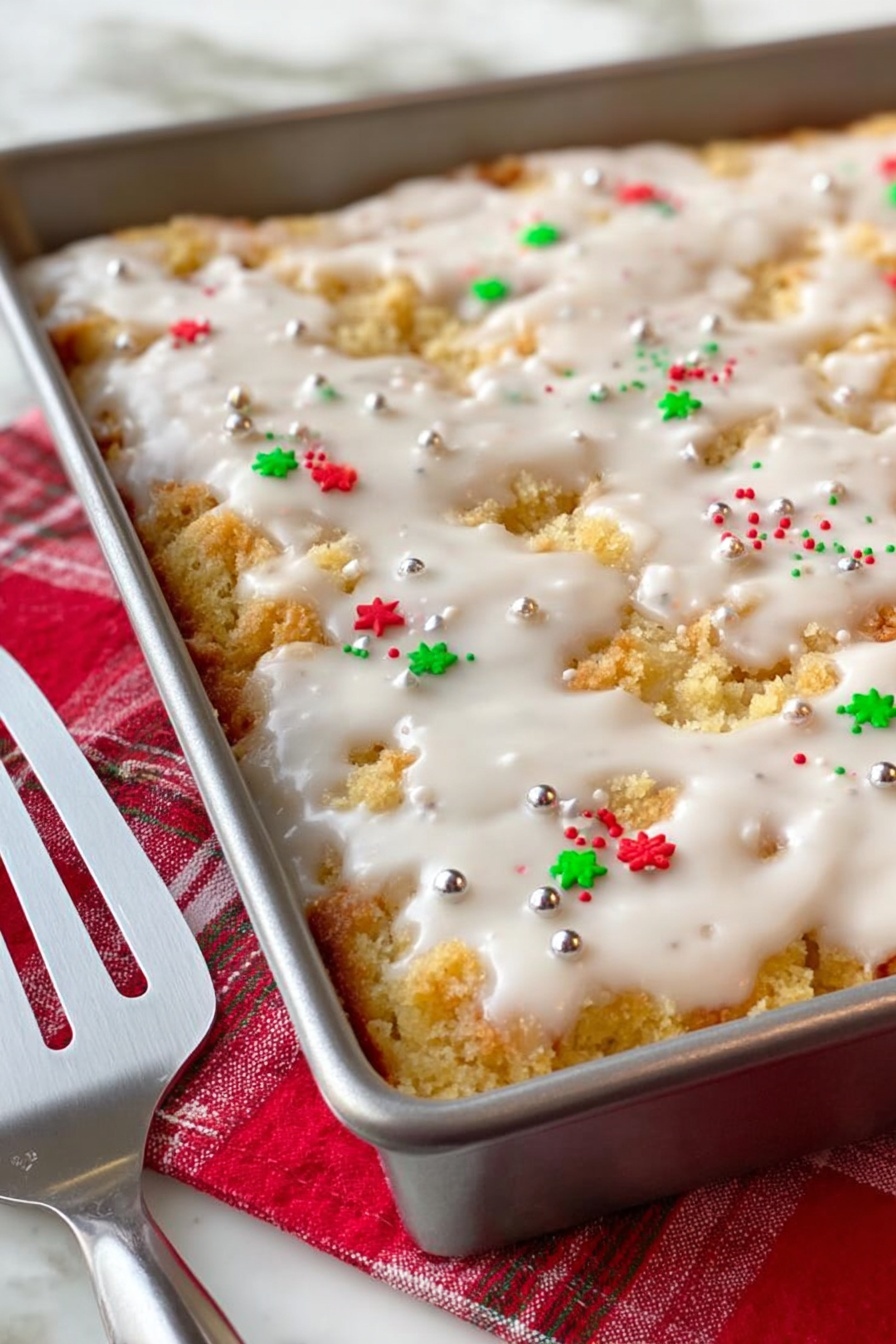 A close-up image of a rectangular metal baking pan filled with a baked dessert with a crumbly golden-brown texture visible beneath a layer of white icing. The icing looks smooth and unevenly spread with thicker patches scattered across the surface. Small red and green star-shaped sprinkles and tiny silver ball sprinkles are scattered over the icing, adding colorful accents. The pan is set on a red cloth with a white checked pattern, all on a white marbled surface. A large silver spatula with a slotted design rests near the pan. Photo taken with an iphone --ar 2:3 --v 7