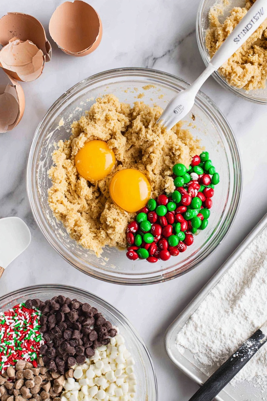 A group of round cookies spread out on a white marbled surface, each cookie golden brown with a slightly crispy edge and soft center. The cookies are decorated with colorful red and green candy-coated chocolates embedded on top, along with white and dark chocolate chips scattered throughout. Festive red, green, and white sprinkles add texture and color, spread evenly across the cookies and scattered around them. The cookies have a slightly bumpy texture showing the mix of chips and candies in the dough. Photo taken with an iphone --ar 2:3 --v 7