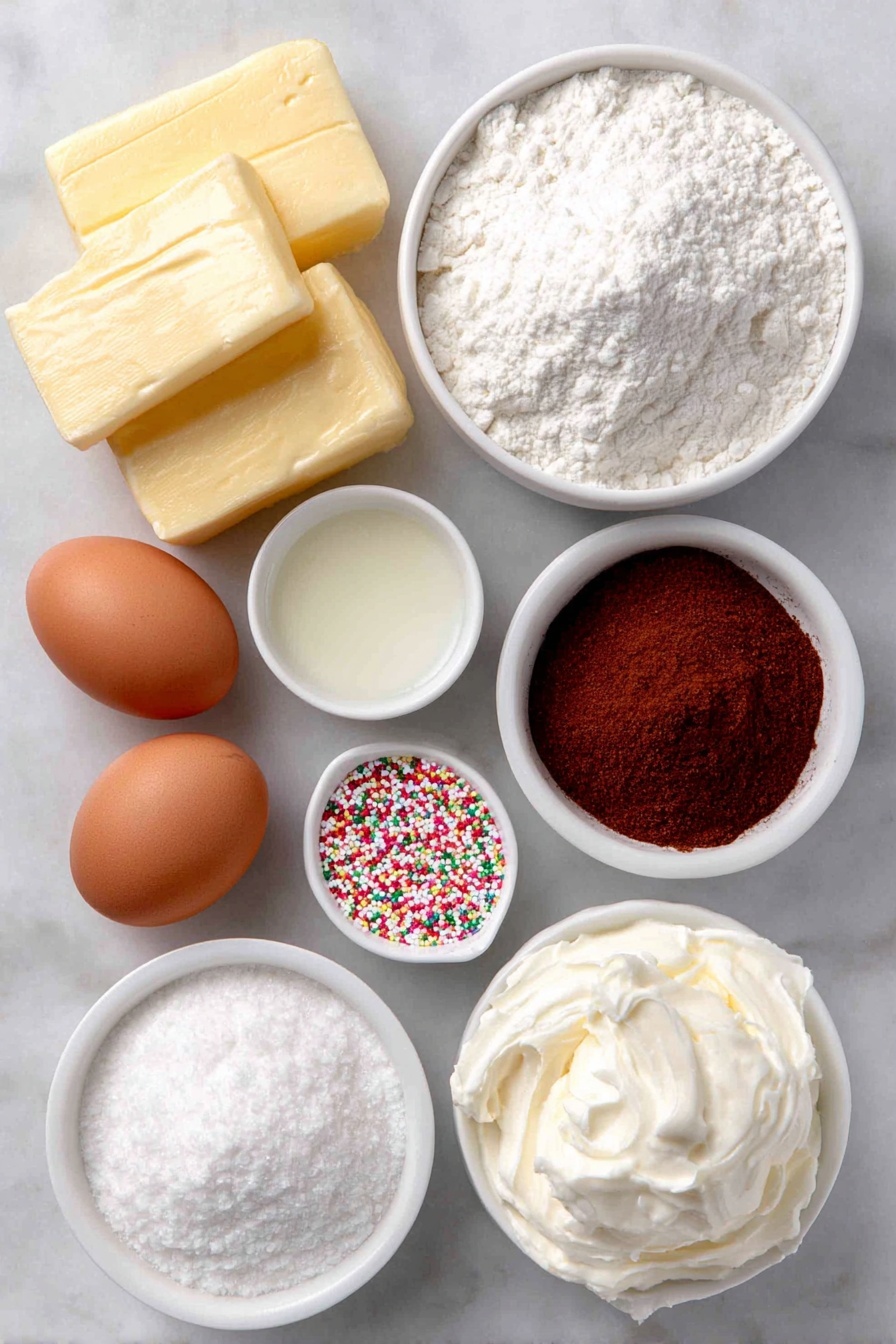 Flat lay of a small pile of fine all-purpose flour, a few whole uncracked brown eggs, two thick slabs of soft unsalted butter, a small white ceramic bowl filled with granulated white sugar, another small white bowl holding packed light brown sugar, a tiny white bowl containing fine white baking powder, a small white bowl with fine salt, a small white bowl with colorful holiday sprinkles, a small white bowl of smooth heavy cream, and a small white bowl of clear cake batter extract liquid, all arranged symmetrically on a clean white marble surface, soft natural light, photo taken with an iPhone, professional food photography style, fresh ingredients, white ceramic bowls, no bottles, no duplicates, no utensils, no packaging --ar 2:3 --v 7 --p m7354615311229779997