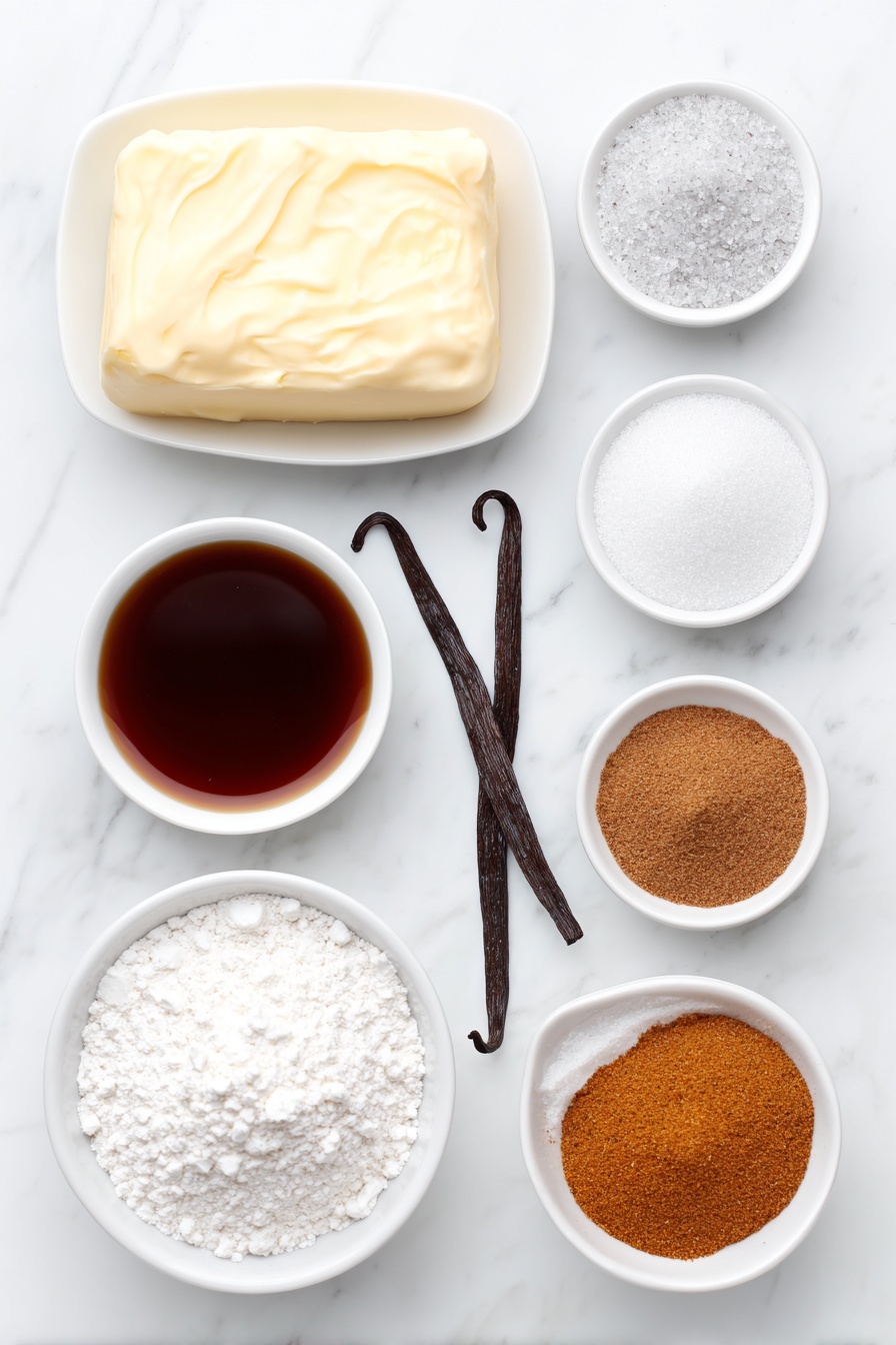 Flat lay of a small mound of soft unsalted butter, a small white bowl filled with fine powdered sugar, a whole vanilla bean pod, a tiny heap of coarse salt crystals, small piles of ground cinnamon, ground ginger, ground nutmeg, ground allspice, and ground cloves arranged symmetrically, a small white bowl containing dark amber molasses, and a neat pile of all-purpose flour, placed on a clean white marble surface, soft natural light, photo taken with an iPhone, professional food photography style, fresh ingredients, white ceramic bowls, no bottles, no duplicates, no utensils, no packaging --ar 2:3 --v 7 --p m7354615311229779997