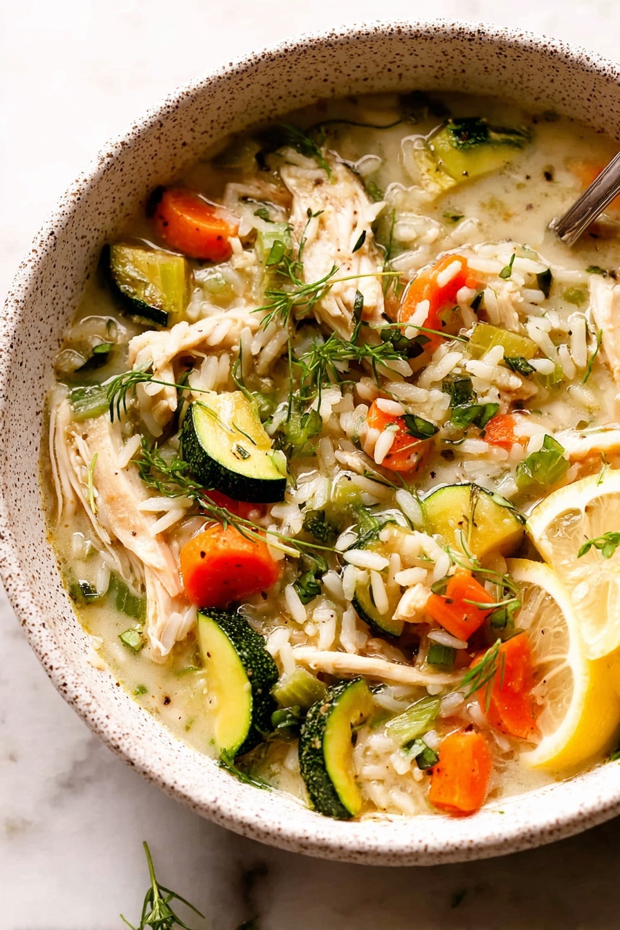 The image shows a large white pot filled with a soup made of small pieces of chicken, orange carrot cubes, green zucchini slices, and thin white noodles in a thick light brown broth. On top of the soup, there are two slices of lemon with small green herbs placed neatly on them. Fresh chopped green herbs are sprinkled all over the soup and around the lemon slices. A silver ladle rests in the soup, holding a scoop with a mix of the same ingredients. The pot sits on a white marbled surface with small scattered herbs around it, and a striped cloth is partially visible at the bottom right corner. Photo taken with an iphone --ar 2:3 --v 7
