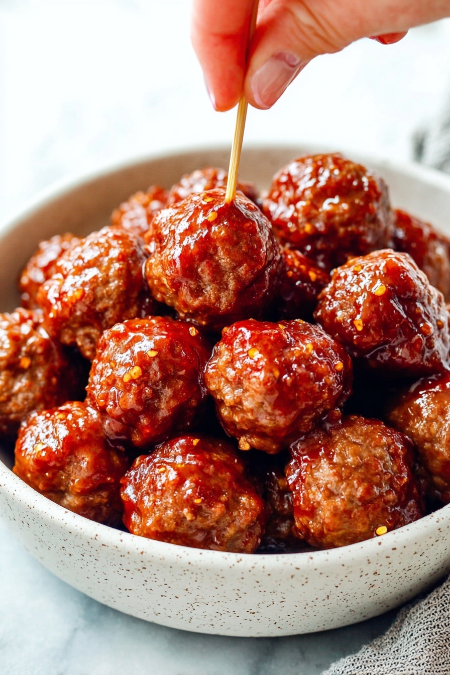 A close-up view of many glossy brown meatballs covered in a shiny sauce piled in a white speckled bowl, with a woman's hand holding a toothpick poking one meatball near the top, all set on a white marbled surface photo taken with an iphone --ar 2:3 --v 7