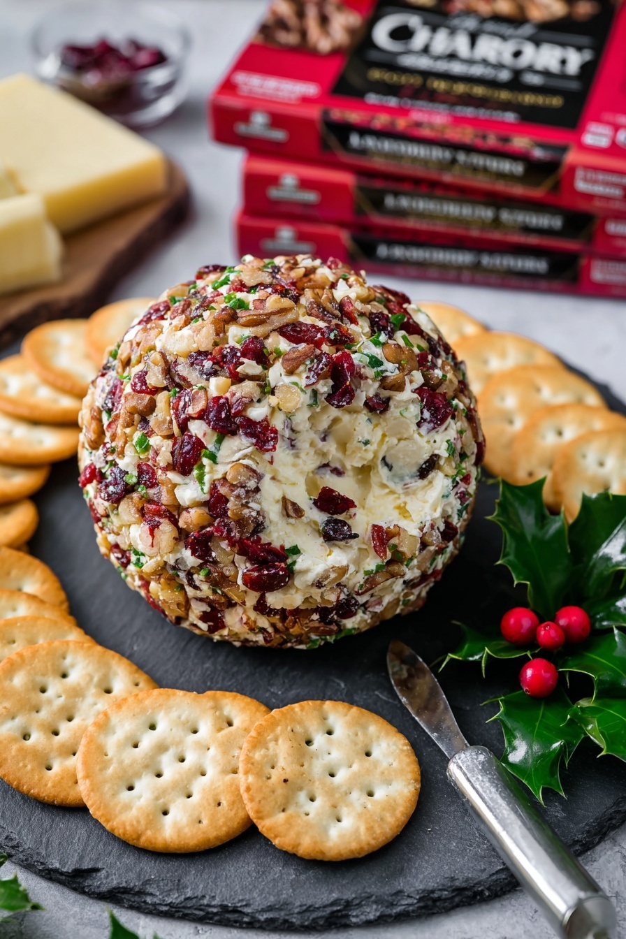 A round cheese ball with a soft white cream cheese center is covered in a mix of chopped red dried cranberries, light brown walnuts, and small green herb pieces, making the outer layer colorful and textured. The cheese ball sits on a dark gray slate surface surrounded by a neat semicircle of thin, round, light beige crackers with small evenly spaced holes. Behind the cheese ball, there are stacked rectangular cheese packages with red, cream, and black labels, showing the brand name. A silver cheese knife with a simple design is placed in the lower part of the image on the same slate surface. Some green holly leaves with red berries are placed near the cheese ball on the right side. The whole scene is set on a white marbled texture photo taken with an iphone --ar 2:3 --v 7