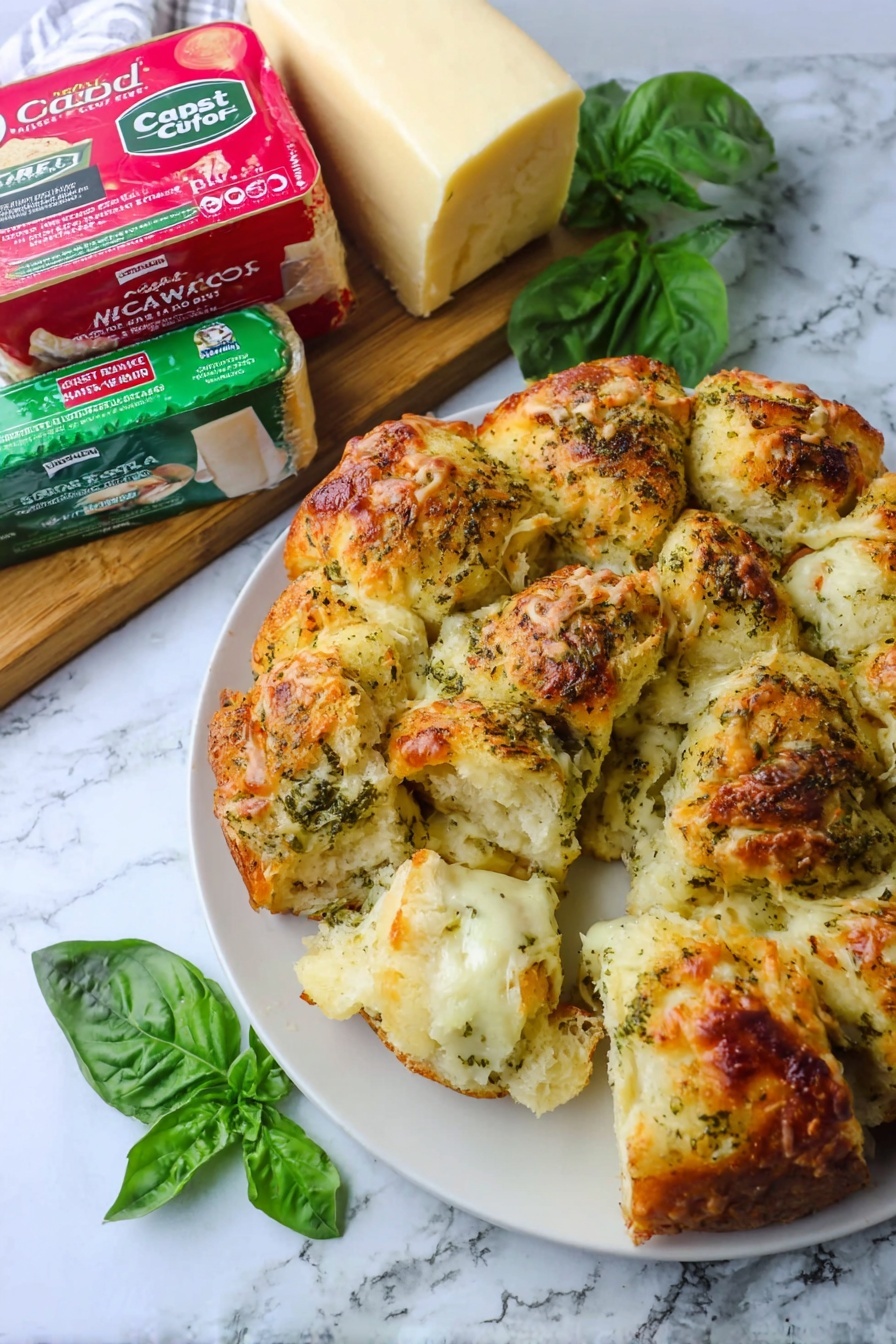 The image shows a white plate holding a round pull-apart bread with about 12 unevenly shaped cheese-topped pieces, golden brown and bubbly on top with green herb seasoning mixed throughout the bread dough. One piece is pulled out slightly from the rest on the right, showing a soft, fluffy inside with herbs. Behind the plate, two blocks of cheese with colorful wrappers—one mainly red and the other green and white—are leaning against each other on a white marbled surface. Fresh green basil leaves lay on the plate near the bread and also on the white marbled surface nearby. The photo taken with an iphone --ar 2:3 --v 7