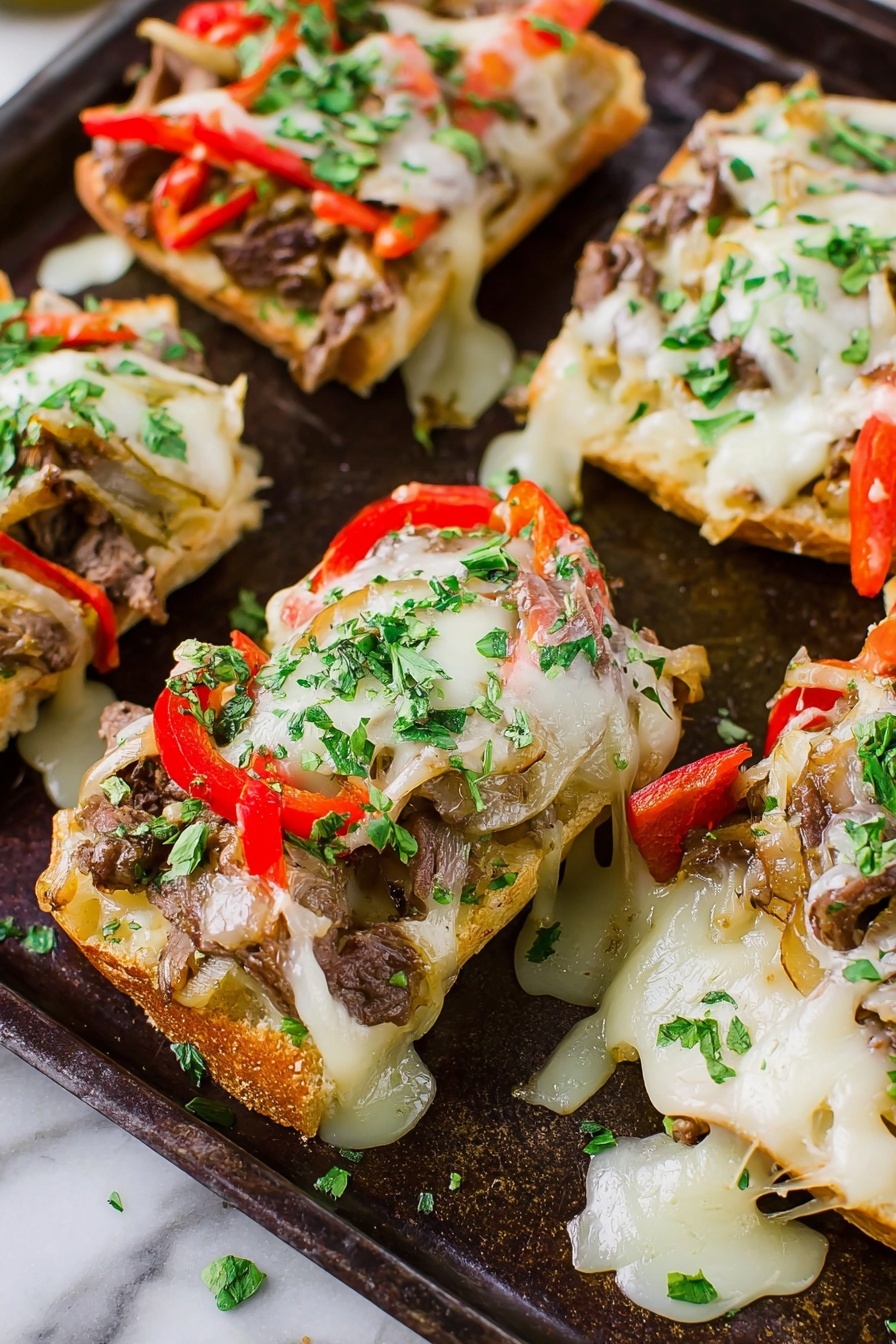 The image shows several open-faced sandwiches on a dark baking tray placed on a white marbled surface. Each sandwich has three main layers: a bottom layer of crusty bread that looks soft and golden, a middle layer of melted white cheese, and a top layer made of cooked thin beef slices mixed with caramelized onions and bright red bell pepper strips. The sandwiches are sprinkled with chopped fresh green herbs, giving a fresh and colorful touch. Some of the melted cheese drips off the sides, adding to the melted texture look. Photo taken with an iphone --ar 2:3 --v 7