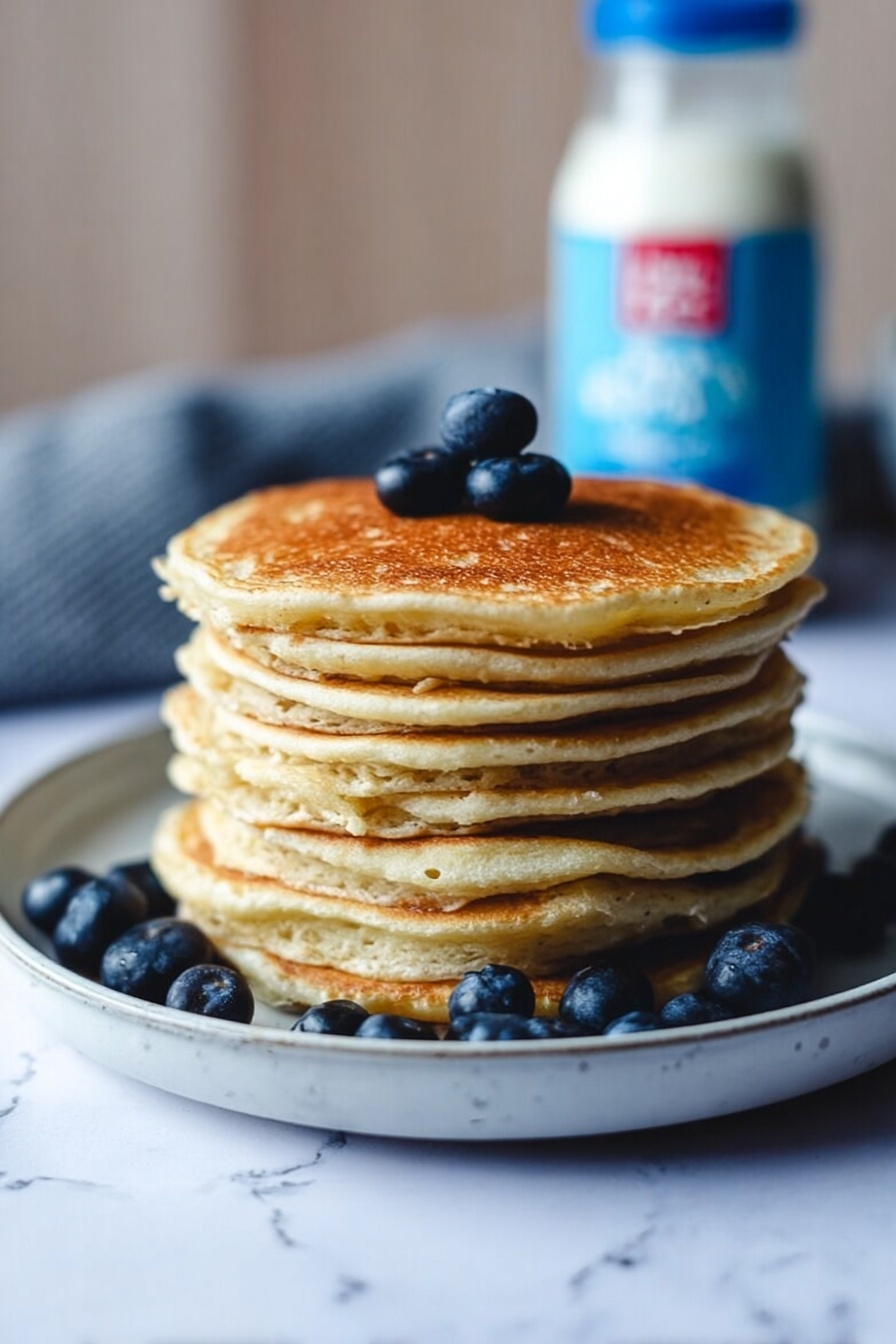 A stack of seven golden-brown pancakes sits in the middle of a white plate, each pancake showing a soft, fluffy texture with slightly crispy edges. On top of the stack, there are three fresh blueberries, and a few more blueberries spread around the base of the stack on the plate. In the background, a white marbled surface supports a blurred container with a blue lid and a white bottle with some blue text, adding a cozy kitchen feel to the scene. The lighting is natural and soft, highlighting the warm tones of the pancakes and the deep blue of the blueberries. photo taken with an iphone --ar 2:3 --v 7