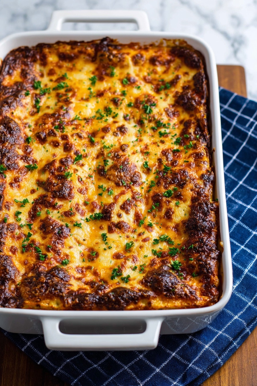 The image shows a white rectangular baking dish with two handles, filled with a golden brown layered baked dish. The top layer is melted cheese that has dark golden spots indicating it is well cooked. Small green herb pieces, likely parsley, are sprinkled evenly on top. The dish sits on a blue cloth with a white grid pattern, all placed on a white marbled surface. The texture of the cheese on the top looks slightly crispy and bubbly, suggesting a rich and savory meal photo taken with an iphone --ar 2:3 --v 7