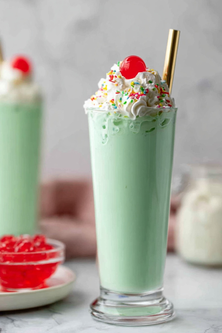 This image shows a tall, clear glass filled with a smooth, light green creamy drink. On top of the drink, there is a layer of white whipped cream decorated with small colorful sprinkles and a bright red cherry placed in the center. A golden straw stands upright inside the glass through the whipped cream. In the background, there is another similar filled glass slightly out of focus, alongside a bowl with red jelly and a glass jar with white cream on a white marbled surface. photo taken with an iphone --ar 2:3 --v 7