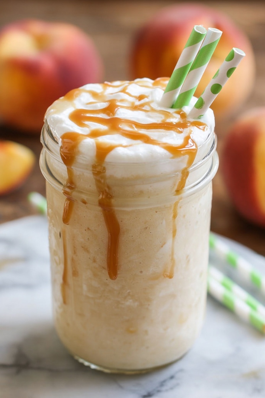 A clear glass jar filled with a creamy, light beige smoothie that has small specks of peach color spread throughout. The smoothie has thick white foam on top, with caramel-colored syrup drizzled over the foam and running down the inside of the glass in streaks. Two paper straws, one white with green diagonal stripes and one white with green large dots, are placed inside the jar. In the background, there are blurred peaches and another similar smoothie jar. The scene is on a white marbled surface. photo taken with an iphone --ar 2:3 --v 7