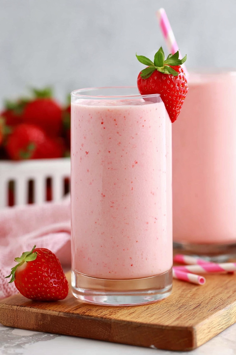 A tall clear glass filled with a smooth, light pink strawberry smoothie showing tiny red specks throughout, with a fresh bright red strawberry with green leaves attached sitting on the rim. Behind it is a second tall glass with the same pink smoothie and a pink and white striped straw. In the front left, half a fresh strawberry is placed on a wood board, while a white basket with whole strawberries blurred in the background fills the left side. The setup is on a wooden board with a white marbled texture surface visible around it. photo taken with an iphone --ar 2:3 --v 7