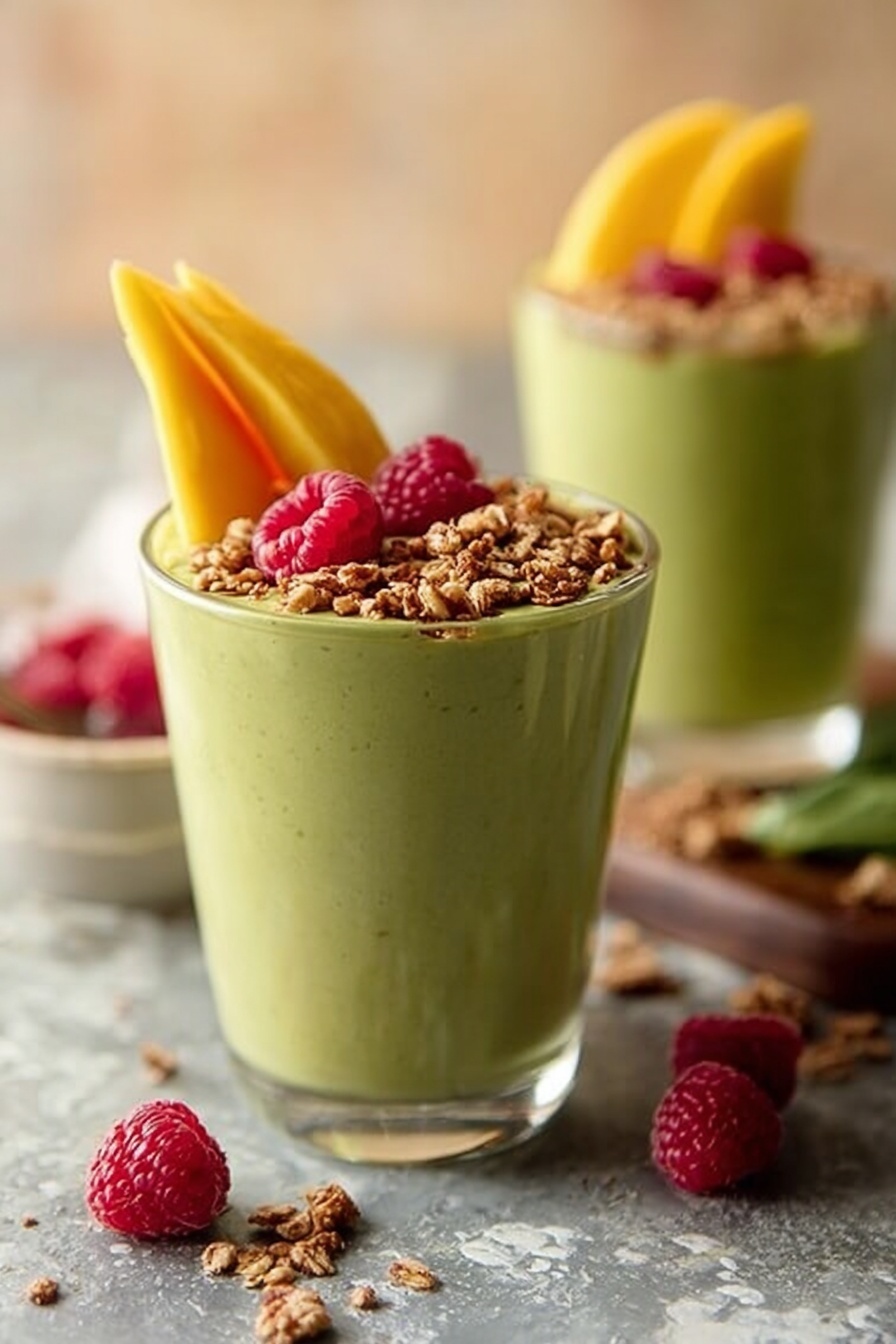 The image shows two clear glasses filled with a thick, light green smoothie as the main layer. The front glass is topped with a crunchy granola layer and fresh red raspberries scattered on top. Two yellow mango slices are placed upright in the front glass, creating a contrast with the green smoothie. The background glass is similarly filled and topped but appears slightly blurred. The scene is set on a rustic gray surface with a few raspberries and granola pieces placed around the front glass. The background is a soft warm beige with a white marbled texture surface. Photo taken with an iphone --ar 2:3 --v 7
