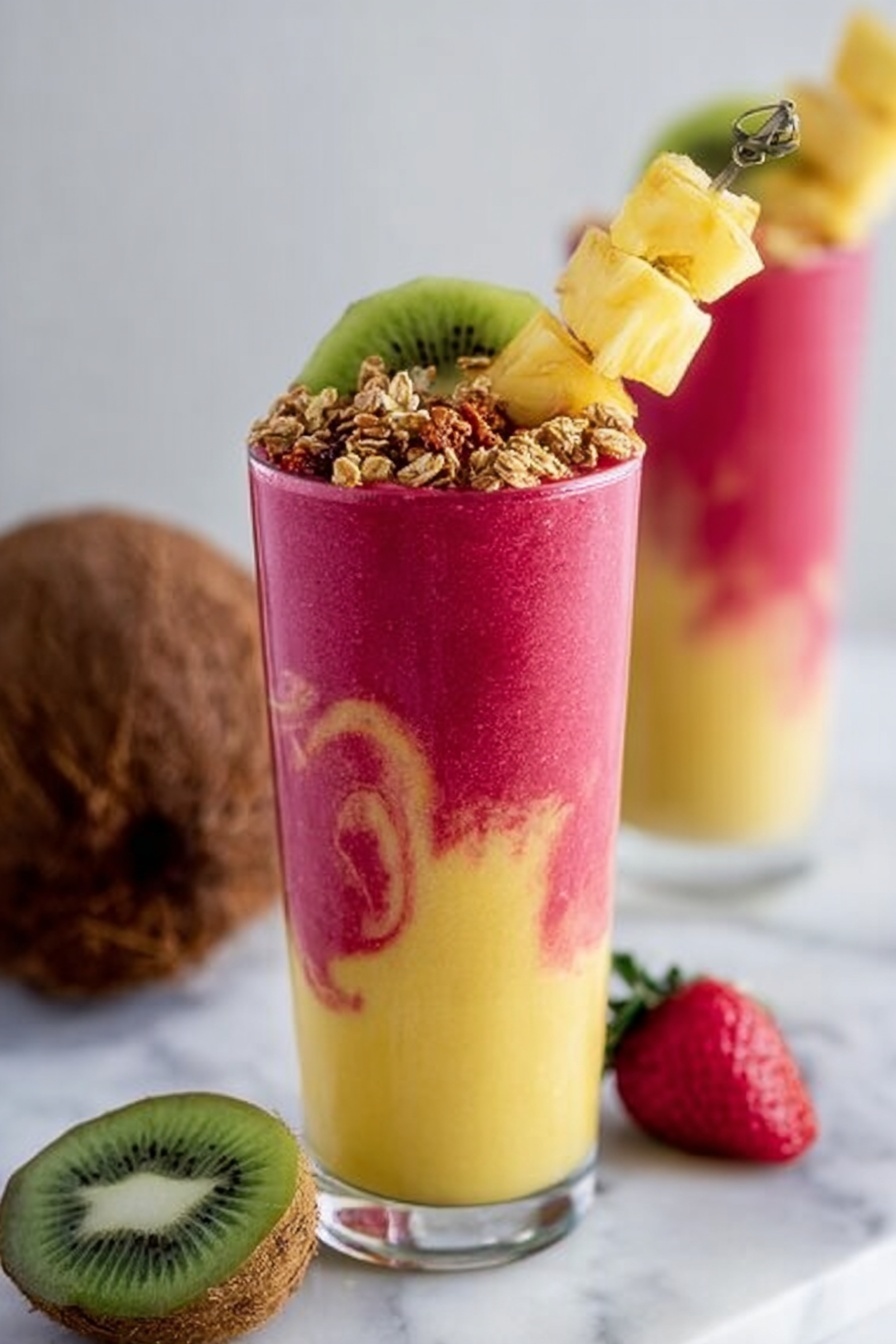 The image shows a tall clear glass filled with a two-layer smoothie. The bottom layer is a thick, bright pinkish-red color, while the top layer is a smooth yellow. Swirls of the pinkish-red color mix softly into the yellow layer above. The glass is topped with a small piece of green kiwi fruit slice on the rim, a few pieces of crunchy granola, and a skewer holding chunks of yellow pineapple that stand upright. The glass sits on a white marbled surface, with a halved kiwi and whole strawberry nearby. In the background, a cracked open coconut shell is visible. A woman’s hand gently holds the other glass behind the main one, showing only part of the edge. photo taken with an iphone --ar 2:3 --v 7