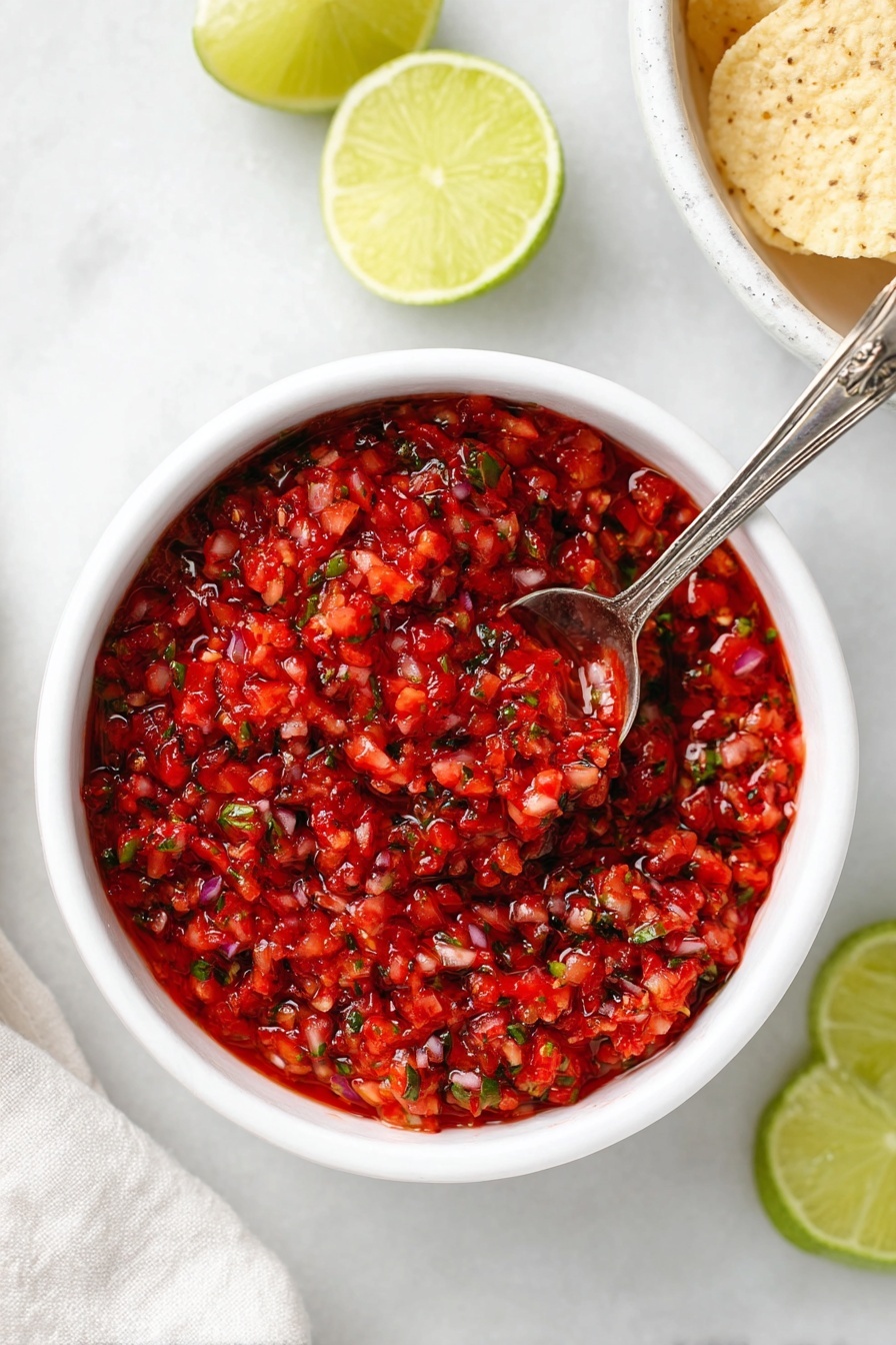 A white bowl filled with bright red salsa made of finely chopped tomatoes, onions, and herbs, giving a textured and fresh appearance, with small green bits visible throughout. A small silver spoon rests inside the bowl, partially submerged in the salsa. The bowl is placed on a white marbled surface, next to halved and quartered lime pieces showing their juicy pale green inside. In the upper right corner, part of a white bowl with light beige round tortilla chips is visible, adding a crunchy complement to the salsa. The overall scene feels fresh, vibrant, and ready for a tasty snack photo taken with an iphone --ar 2:3 --v 7