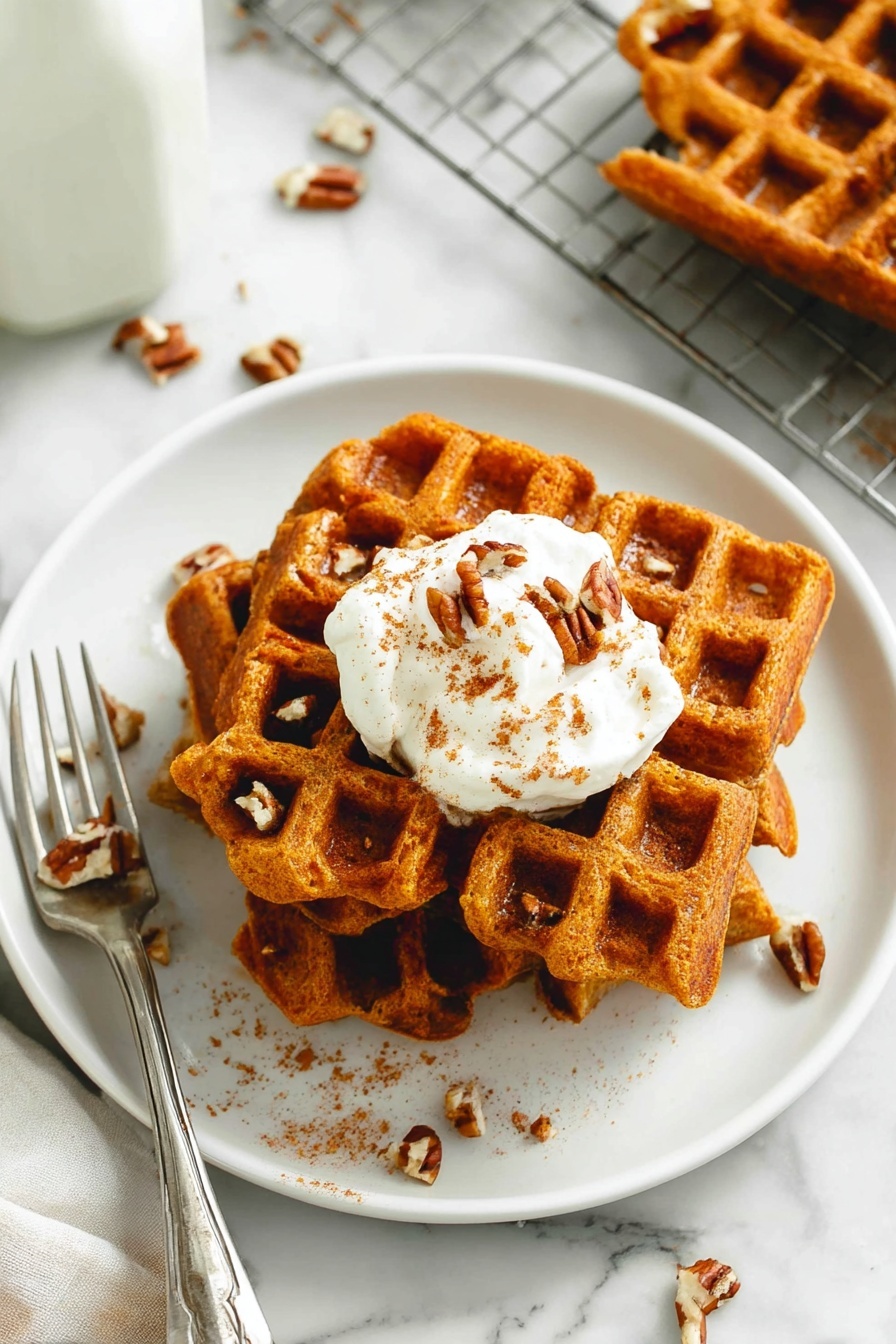 The image shows three golden-brown waffles stacked unevenly on a white plate. The waffles have a crisp texture with deep square indentations. On top of the waffles is a dollop of thick white cream, sprinkled with small chopped pecan pieces and a light dusting of cinnamon or spice. Around the plate are a few broken pecan bits. To the left of the plate, there is a silver fork resting on the white marbled surface. In the background, there is another waffle on a metal cooling rack, and a white bottle, possibly for syrup or milk. The overall look is warm and inviting. photo taken with an iphone --ar 2:3 --v 7
