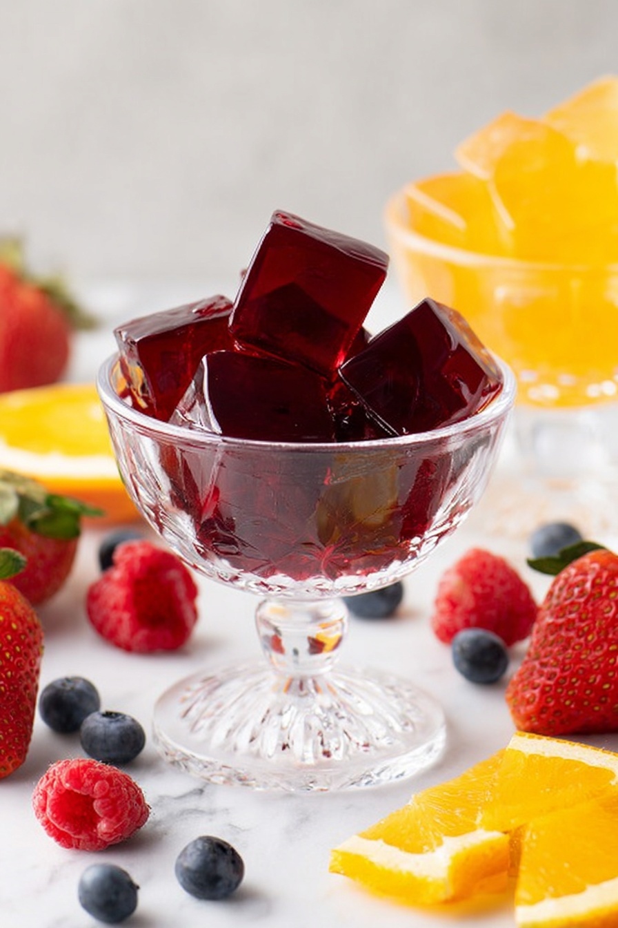 A clear glass dessert cup filled with shiny, translucent dark red jelly cubes that are stacked up, showing smooth, slightly curved edges and glossy reflections. The cup stands on a white marbled surface scattered with fresh berries: whole strawberries, raspberries, and blueberries, along with some sliced orange wedges that add bright orange and yellow colors to the scene. In the background to the right, there is another glass cup filled with yellow jelly cubes, slightly out of focus. Soft natural light highlights the textures and colors softly. Photo taken with an iphone --ar 2:3 --v 7