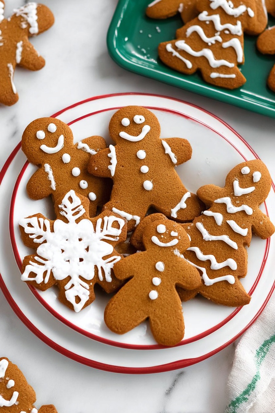 A white plate with a red rim holds several gingerbread cookies decorated with white icing. The cookies are in different shapes: gingerbread men with smiling faces, buttons, and scarves; a snowflake with detailed icy patterns; Christmas trees with zigzag icing lines and small sugar crystals; and other festive shapes with simple white icing zigzags. The gingerbread cookies have a warm brown color and a smooth texture. The plate sits on a white marbled surface, and in the background, a green tray holds more gingerbread men. Photo taken with an iphone --ar 2:3 --v 7