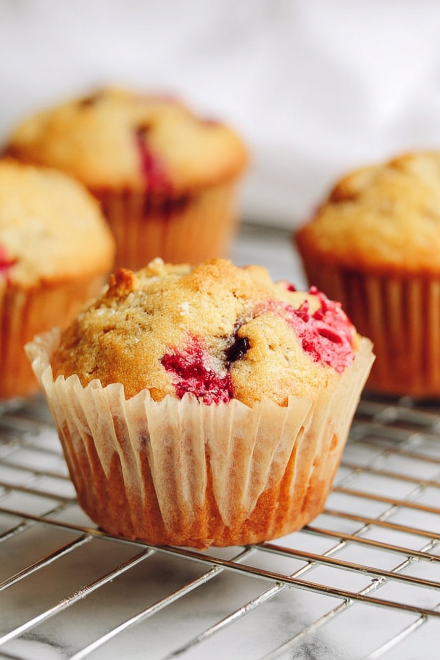 A golden brown muffin with a slightly cracked top showing red and dark purple berry pieces inside, wrapped in a light beige paper liner, set on a metal wire cooling rack with more similar muffins blurred in the background, all placed on a white marbled surface, photo taken with an iphone --ar 2:3 --v 7