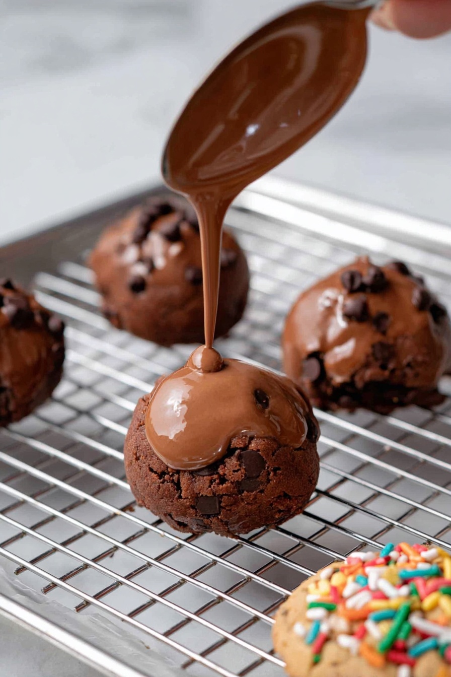 The image shows multiple small chocolate cookies arranged on a cooling rack, each topped with a smooth layer of melted chocolate and colorful rainbow sprinkles scattered on top. The cookies have a rough textured surface with small chunks inside, and one cookie is prominently stacked on another, showing a soft, moist inside with a slightly crumbly texture. Another cookie in the front right is partially eaten, revealing the same inside texture and chocolate chip pieces. The background is blurred but shows more cookies on the metal rack, all on a white marbled surface. photo taken with an iphone --ar 2:3 --v 7