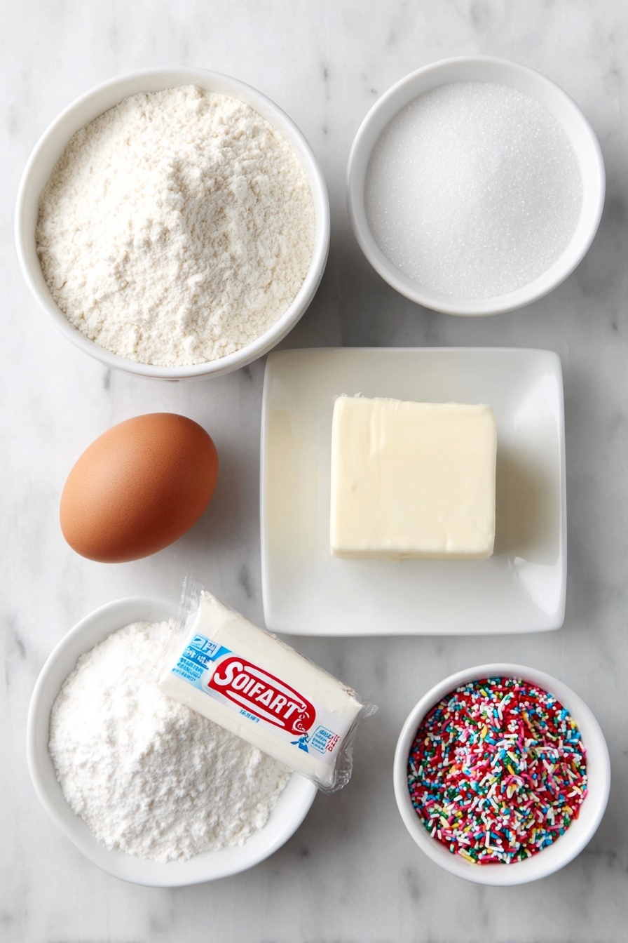 Flat lay of a small mound of all-purpose flour in a simple white ceramic bowl, a small white bowl filled with white baking powder, a pinch of salt on a white ceramic plate, a half cup of unsalted butter softly softened and cut into a neat square on a white dish, a small white bowl with granulated sugar sparkling under natural light, a single large brown egg with a clean shell, a small white bowl holding clear vanilla extract, and a small white bowl filled with colorful Christmas sprinkles scattered evenly, all arranged symmetrically and balanced, placed on a clean white marble surface, soft natural light, photo taken with an iPhone, professional food photography style, fresh ingredients, white ceramic bowls, no bottles, no duplicates, no utensils, no packaging --ar 2:3 --v 7 --p m7354615311229779997
