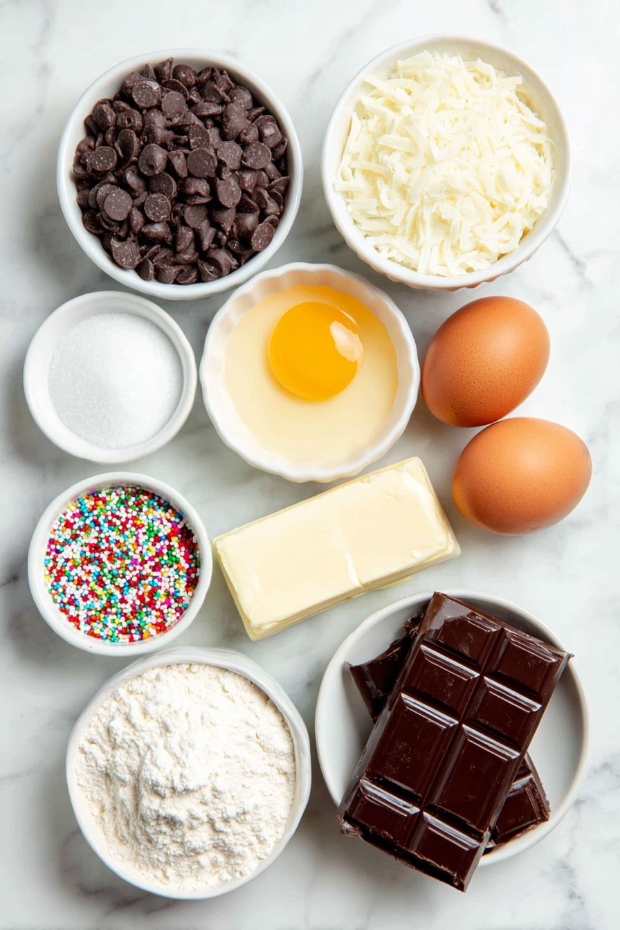 Flat lay of semi-sweet chocolate chips in a small white ceramic bowl, a stick of salted butter unwrapped and whole, granulated sugar in a small white ceramic bowl, two large brown eggs with clean shells, one large egg yolk in a small white ceramic bowl, all-purpose flour in a small white ceramic bowl, a small white ceramic bowl with vanilla extract, a small white ceramic bowl with mixed chopped nuts, mini holiday M&Ms scattered neatly on the surface, regular holiday M&Ms in a small white ceramic bowl, sweetened flaked coconut piled in a small white ceramic bowl, sweetened condensed milk in a small white ceramic bowl, colorful holiday sprinkles in a small white ceramic bowl, all ingredients arranged with perfect symmetry on a clean white marble surface, soft natural light, photo taken with an iPhone, professional food photography style, fresh ingredients, white ceramic bowls, no bottles, no duplicates, no utensils, no packaging --ar 2:3 --v 7 --p m7354615311229779997