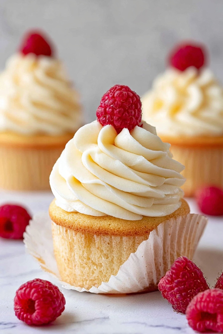 A vanilla cupcake with a light golden brown base sits on a white marbled surface, with its white cupcake liner peeled halfway down to show the soft texture. On top, there is a large swirl of creamy white frosting with soft, smooth waves forming layers in a tall, pointed shape. A fresh red raspberry crowns the frosting at the highest point. Around the cupcake, there are several loose raspberries, also bright red and textured with small seeds. In the background, two more cupcakes with the same frosting and raspberry decoration are slightly out of focus, enhancing the depth of the image. photo taken with an iphone --ar 2:3 --v 7