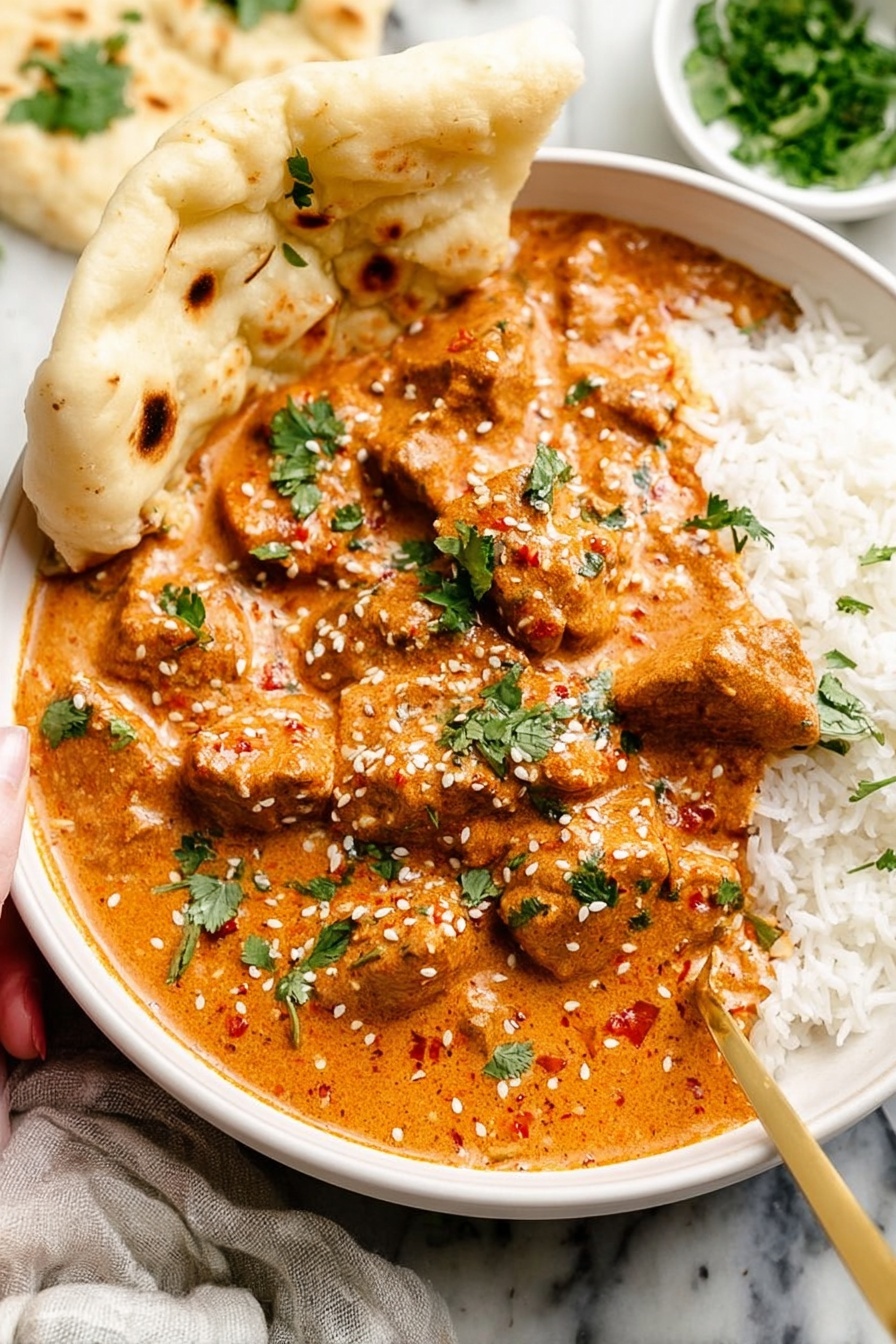A white speckled bowl holds a serving of white rice on one side, with soft, fluffy texture and small green herb pieces mixed in; the other side features a thick orange sauce with chunks of tender meat, smooth and creamy in texture, garnished with fresh cilantro leaves and sprinkled with white sesame seeds. A gold spoon rests inside the bowl, partially submerged in the sauce, and the background is a white marbled surface with a few fresh herbs scattered near the bowl. Photo taken with an iphone --ar 2:3 --v 7