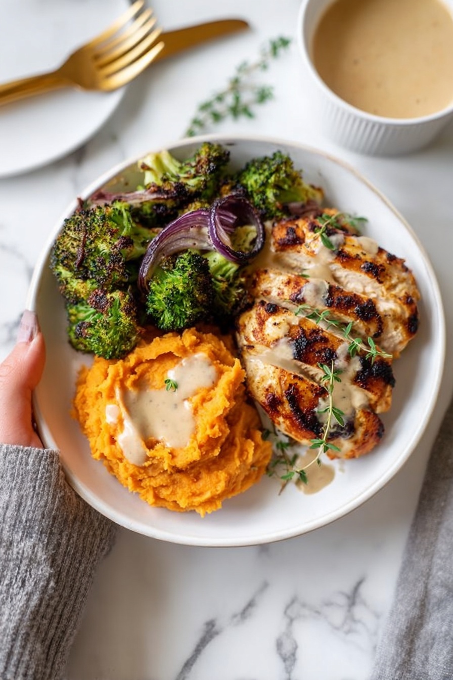 A white round plate holds three main layers of food arranged side by side. On the left, there is a green layer of roasted broccoli with slightly dark charred edges mixed with pieces of purple onion. In the middle, a golden-brown grilled chicken piece with visible grill marks is topped with thin drizzles of light beige sauce and small green herb leaves scattered on top. On the right, a portion of bright orange mashed sweet potatoes shows creamy texture with some light sauce drizzled over it as well. The plate sits on a light gray cloth on a white marbled surface with a gold fork and knife resting diagonally on the bottom right. In the top right corner, there is a white bowl filled with a creamy beige soup. Photo taken with an iphone --ar 2:3 --v 7