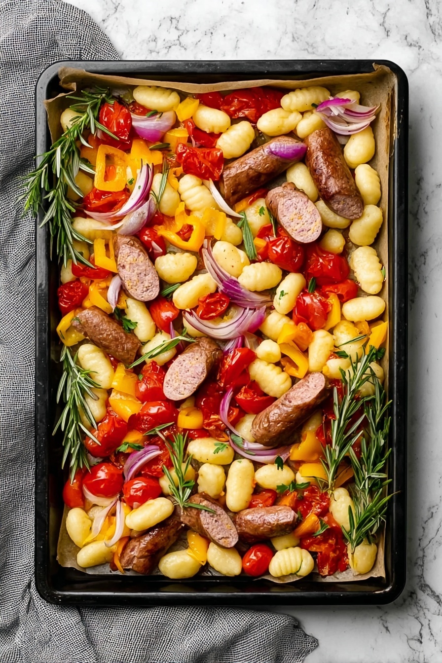 A white bowl contains three slices of browned sausage arranged in the center. Underneath the sausage, there is a layer of yellow gnocchi with a smooth texture and red roasted bell peppers cut into pieces. Scattered among the gnocchi are wilted green spinach leaves and small bits of purple onion. The dish is sprinkled with light shreds of white cheese and small fresh green basil leaves are scattered on top. The bowl is placed on a white marbled surface with a gold fork and knife nearby along with a gray cloth. Photo taken with an iphone --ar 2:3 --v 7