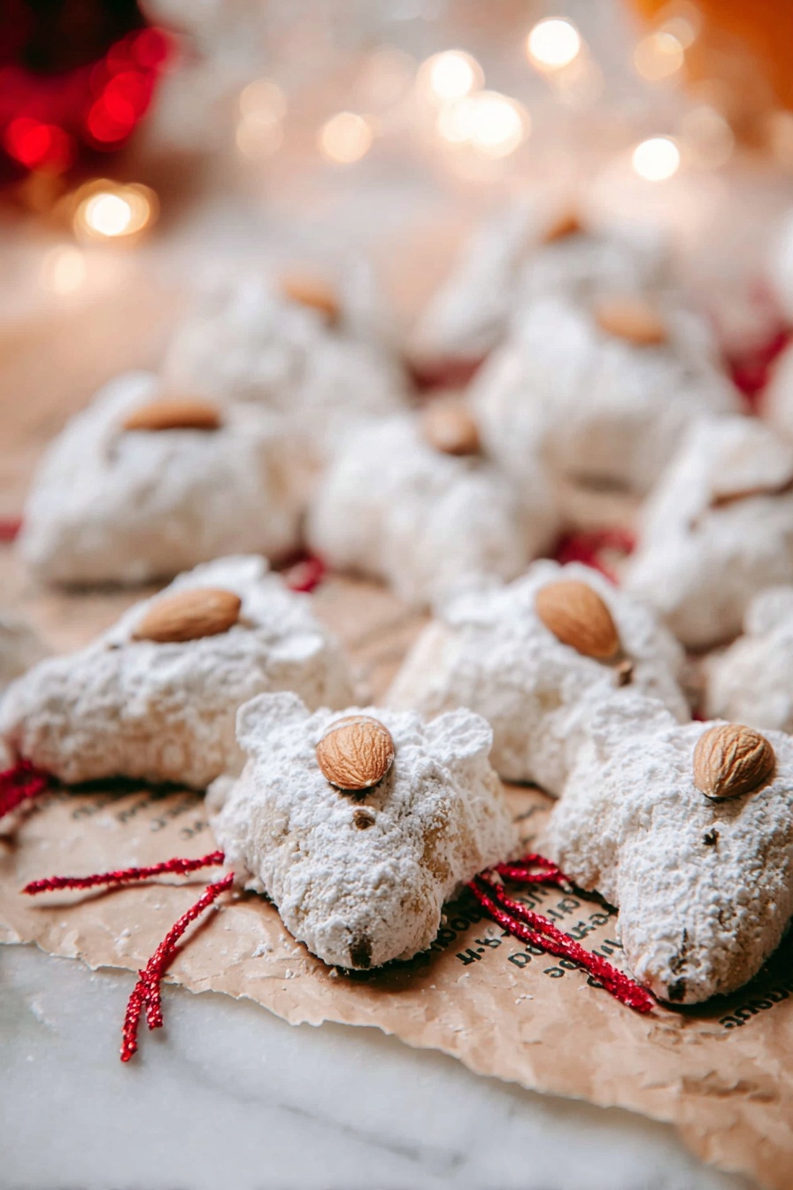 This image shows many small treats shaped like mice, arranged closely on crinkled parchment paper with text. Each mouse-shaped treat has a rough texture covered fully with white powdered sugar, making a soft, powdery layer on top. They have two small toasted almond pieces on top as ears and a small clove or similar dark spice at the front as a nose. Thin, red licorice strings are placed among the treats, acting as tails. The whole scene is set against a soft-focused background with light bokeh and a white marbled surface beneath the parchment paper. Photo taken with an iphone --ar 2:3 --v 7