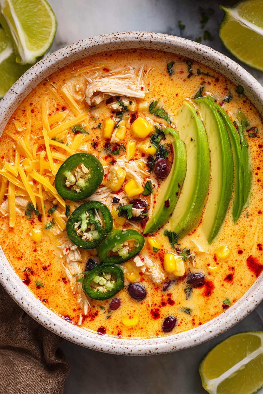 A white speckled bowl filled with a creamy orange soup that has a smooth texture with visible red chili flakes scattered throughout. Inside the soup, there are pieces of white shredded meat, black beans, yellow corn kernels, and small green herbs. On one side of the bowl, there are bright green sliced avocado pieces layered neatly and fresh lime wedges placed nearby. Shredded orange cheese is sprinkled over one side along with green jalapeño slices. The bowl sits on a white marbled surface with lime wedges around it. photo taken with an iphone --ar 2:3 --v 7