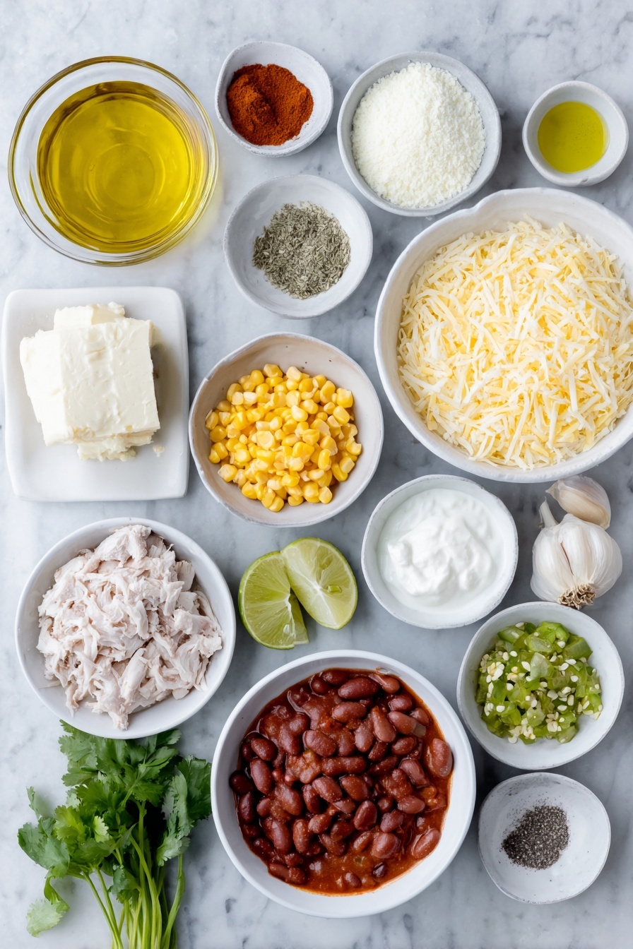Flat lay of a small glass bowl of golden olive oil, a small diced white onion, a small diced red bell pepper, two peeled garlic cloves, a small white bowl with ground cumin powder, a small white bowl with chili powder, a small white bowl with smoked paprika, a small white bowl with dried oregano, a simple white ceramic bowl filled with clear golden chicken broth, a simple white ceramic bowl holding vibrant red enchilada sauce, a simple white ceramic bowl of fire-roasted diced tomatoes, a small white ceramic bowl with diced green chiles, a small white ceramic bowl with shiny black beans, a small white ceramic bowl with bright yellow corn kernels, a heap of cooked shredded chicken breast, soft white cubes of cream cheese, a small white bowl filled with creamy heavy cream, a small white bowl of shredded cheddar cheese, a small bunch of fresh cilantro sprigs, a sliced green avocado, a dollop of thick sour cream, golden crispy tortilla strips, several lime wedges, and a small white bowl with fresh green jalapeños, all arranged in perfect symmetry on a clean white marble surface, soft natural light, photo taken with an iPhone, professional food photography style, fresh ingredients, white ceramic bowls, no bottles, no duplicates, no utensils, no packaging --ar 2:3 --v 7 --p m7354615311229779997